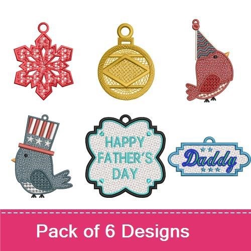 FSL Holiday Ornaments Embroidery Designs Bundle – Snowflake, Gold Medallion, Cardinal & More (6 Designs)