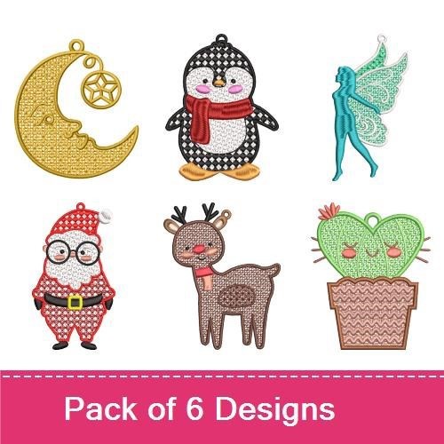 FSL Holiday Ornaments Embroidery Designs Bundle – Penguin, Moon Charm, Fairy & More (6 Designs)