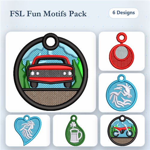FSL Fun Motifs Embroidery Bundle – Red Car Ornament, Fish Motif, Coffee Mug Ornament & More (6 Designs)