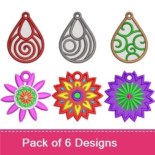 FSL Colorful Floral & Teardrop Embroidery Designs Bundle – Floral Pendant, Teardrop Swirl, Floral Teardrop & More (6 Designs)
