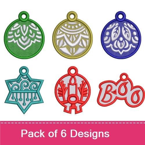 FSL Holiday Ornament Embroidery Designs Bundle – Green Lace Ornament, Gold Lace Ornament, Star Ornament & More (6 Designs)