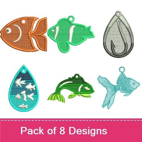 FSL Fish & Fishing Charms Embroidery Designs Bundle – Fish Charm in Orange, Fishing Hook Charm, & More (8 Designs)