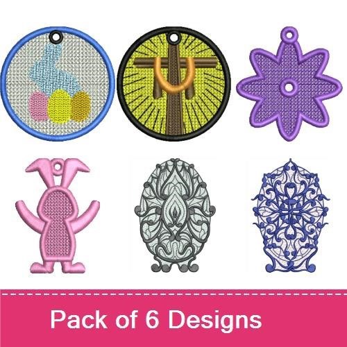 FSL Easter Lace Embroidery Designs Bundle – Easter Bunny with Eggs, Cross, Flower Shape & More (6 Designs)