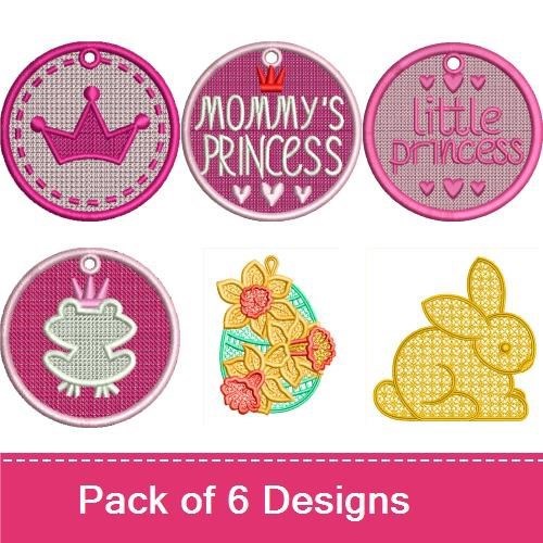 FSL Princess & Springtime Embroidery Designs Bundle – Crown Ornament, Frog Ornament, Easter Bunny & More (6 Designs)
