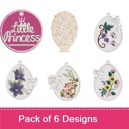 FSL Elegant Lace Floral Egg Ornaments Embroidery Designs Bundle – Violet, Butterfly, Floral & More (6 Designs)