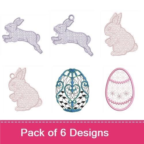 FSL Easter Bunny & Egg Embroidery Designs Bundle – Bunny Ornament, Jumping Bunny, & Decorative Egg (6 Designs)