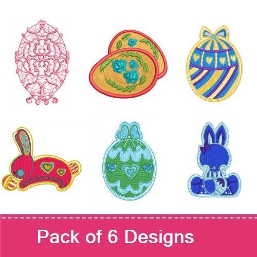 FSL Easter Egg & Bunny Embroidery Designs Bundle – Decorative Easter Egg, Lace Easter Egg, Bunny with Bow & More (6 Designs)
