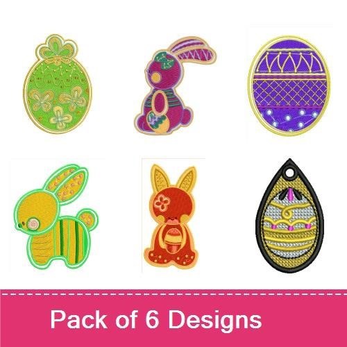 FSL Easter Bunny & Egg Embroidery Designs Bundle – Easter Bunny Ornament, Easter Egg with Flowers & More (6 Designs)