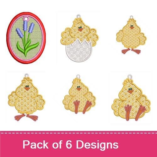 FSL Cute Chick and Spring Flowers Embroidery Bundle – Chick with Egg, Spring Flowers Egg & More (6 Designs)