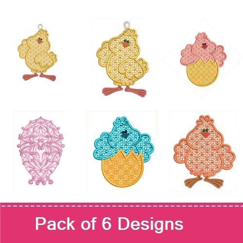 FSL Spring Lace Embroidery Designs Bundle – Chick, Ice Cream, Flower & More (6 Designs)