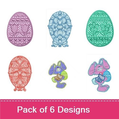 FSL Easter Egg & Bunny Embroidery Designs Bundle – Lace Easter Egg with Patterns, Decorative Lace Bunny & More (6 Designs)