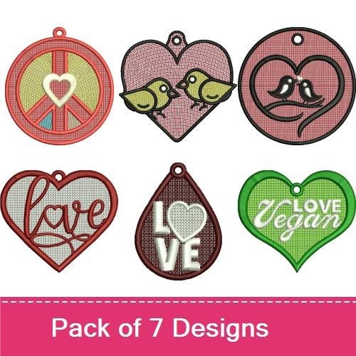 FSL Love and Peace Charms Embroidery Designs Bundle – Peace Heart, Vegan Love Heart, Birds in Heart & More (7 Designs)