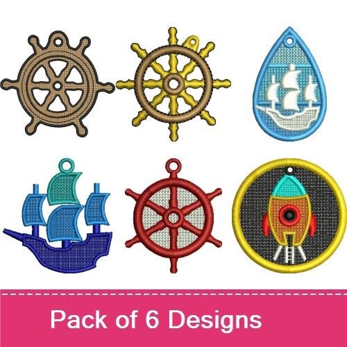 FSL Nautical & Space Embroidery Designs Bundle – Sailing Ship, Ship Wheel, Rocket Ship & More (6 Designs)