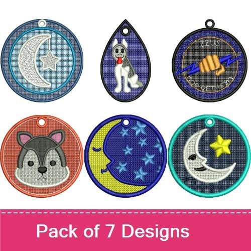 FSL Moon & Stars Embroidery Designs Bundle – Moon Ornament, Star Ornament, Wolf Ornament & More (7 Designs)