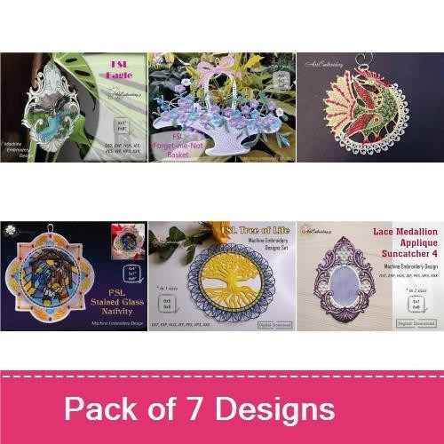 FSL Elegant Nativity Embroidery Designs Bundle – Stained Glass Nativity, Lace Angel, Holiday Star & More (7 Designs)