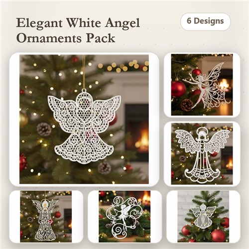 FSL White Angel Ornaments Embroidery Designs Bundle – Angel with Wings, Floral Angel Ornament, & More (6 Designs)