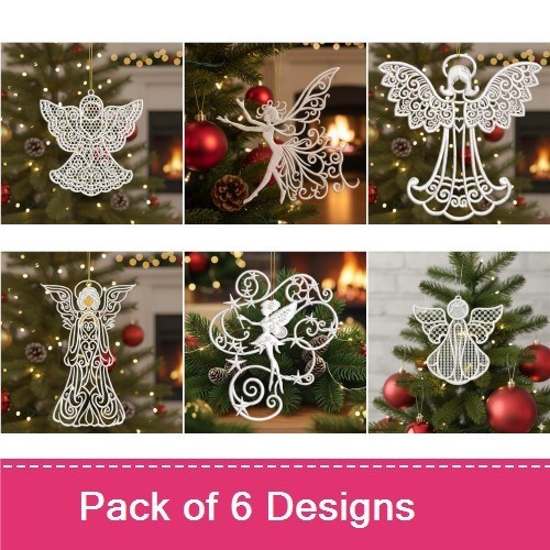FSL White Angel Ornaments Embroidery Designs Bundle – Angel with Wings, Floral Angel Ornament, & More (6 Designs)