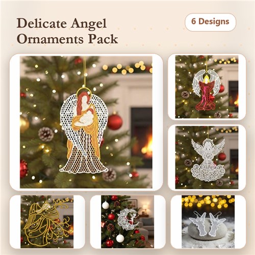 FSL Angel Ornaments Embroidery Designs Bundle – Angel with Wings, Red Angel, White Angel & More (6 Designs)