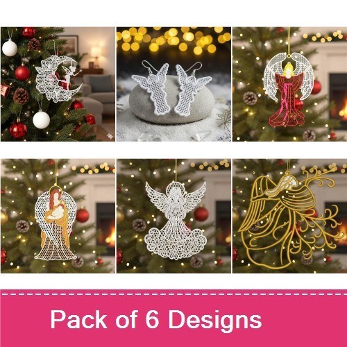 FSL Angel Ornaments Embroidery Designs Bundle – Angel with Wings, Red Angel, White Angel & More (6 Designs)