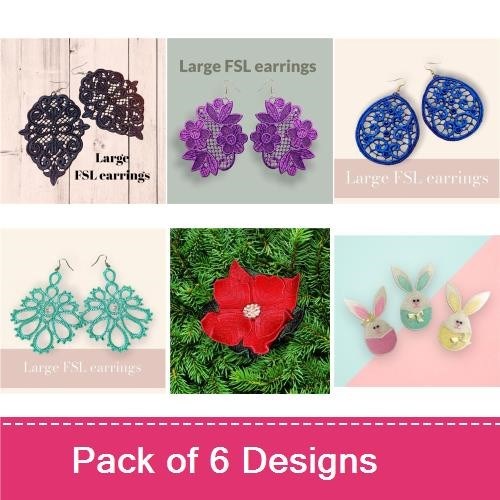 FSL Earrings Embroidery Designs Bundle – Large, Purple, Teal, Blue, Red & More (6 Designs)