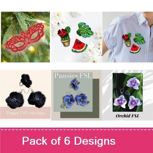 FSL Floral & Fun Embroidery Designs Bundle – Lace Masquerade Mask, Watermelon Pin, Cactus Pin & More (6 Designs)