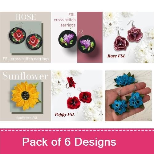 FSL Floral Earrings Embroidery Designs Bundle – Rose, Sunflower, Poppy & More (6 Designs)