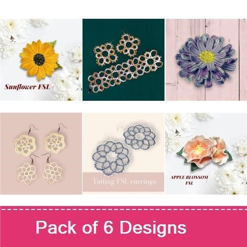 FSL Floral and Tatting Embroidery Designs Bundle – Sunflower, Apple Blossom, Lace Earring & More (6 Designs)