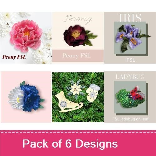 FSL Floral Lace Embroidery Designs Bundle – Peony, Iris, Ladybug & More (6 Designs)