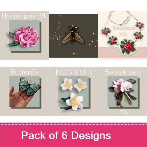 FSL Floral Embroidery Designs Bundle – Hydrangea, Bee, Butterfly, Plumeria & More (6 Designs)