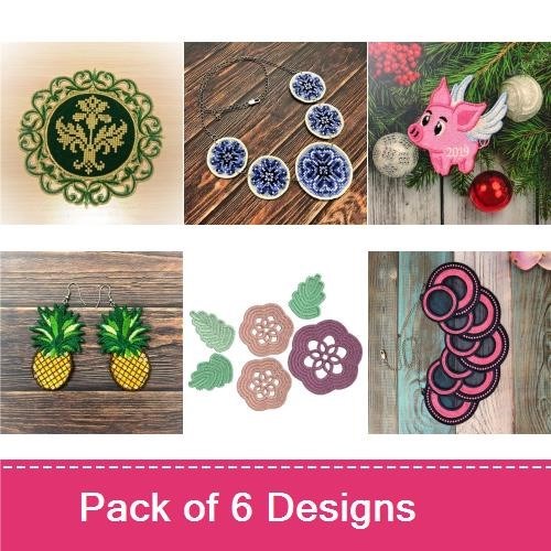FSL Eclectic Embroidery Charms Bundle – Floral Charm with Blue Center, Pineapple Charm, Pink Pig Charm & More (6 Designs)