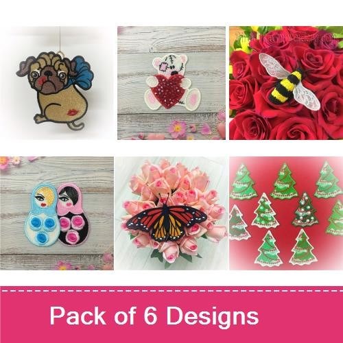 FSL Whimsical Patches Embroidery Designs Bundle – Bear Holding Heart, Pug Dog, Bee & More (6 Designs)