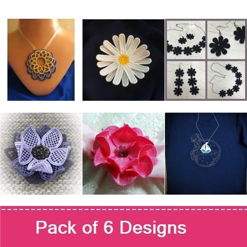 FSL Floral Embroidery Designs Bundle – Lace Flower Necklace, Daisy Ornament, Purple Floral Brooch & More (6 Designs)