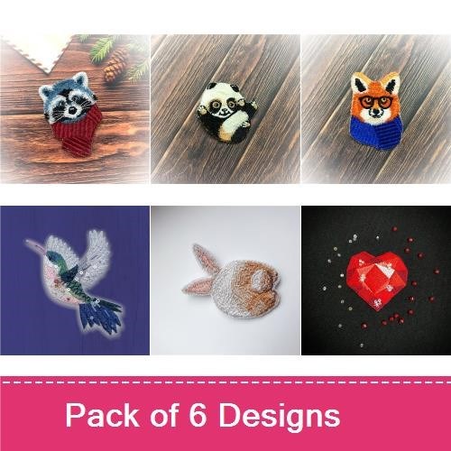 FSL Woodland Animals Embroidery Designs Bundle – Raccoon with Sweater, Panda Face, Fox Face & More (6 Designs)
