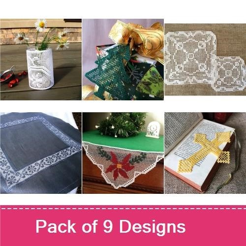 FSL Elegant Crochet Lace Embroidery Designs Bundle – Lace Flower Vase, Decorative Lace Doily, Lace Coaster & More (9 Designs)