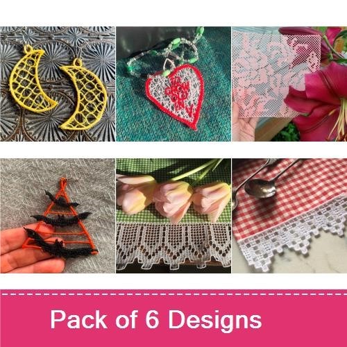 FSL Delicate Lace Embroidery Bundle – Lace Flower Ornament, Lace Heart, Lace Christmas Tree & More (6 Designs)