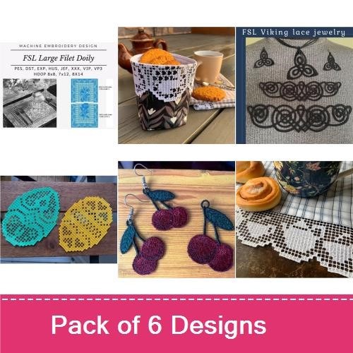 FSL Elegant Filet Lace Embroidery Designs Bundle – Large Doily, Lace Coaster, Floral Motif & More (6 Designs)