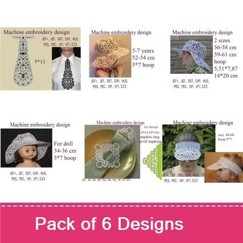 FSL Elegant Lace Embroidery Designs Bundle – Lace Bell Ornament, Lace Doily, Lace Hat & More (6 Designs)
