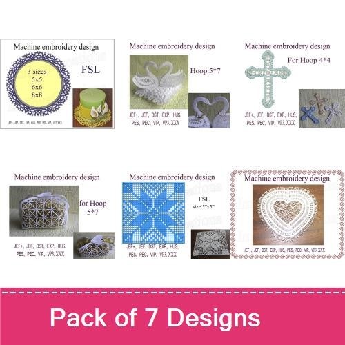 FSL Elegant Lace Embroidery Designs Bundle – Lace Doily, Lace Cross, Snowflake Design & More (7 Designs)