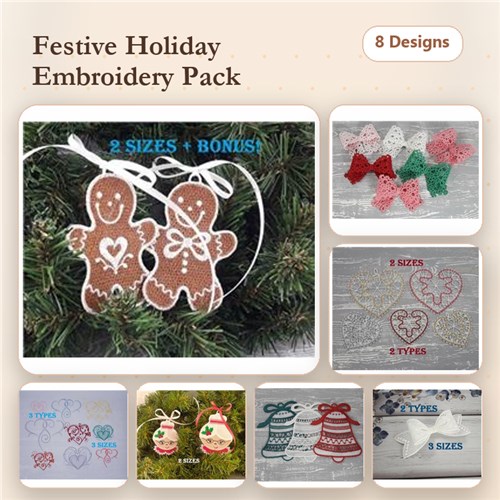 FSL Festive Holiday Ornaments Embroidery Designs Bundle – Gingerbread Couple, Christmas Bows, Bells & More (8 Designs)