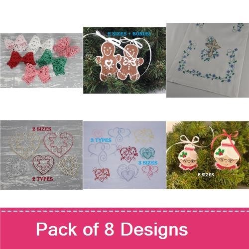 FSL Festive Holiday Ornaments Embroidery Designs Bundle – Gingerbread Couple, Christmas Bows, Bells & More (8 Designs)
