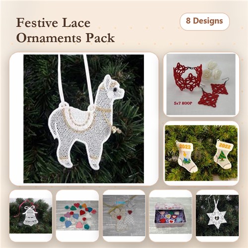 FSL Festive Lace Ornaments Embroidery Designs Bundle – Llama, Star, Christmas Stocking & More (8 Designs)