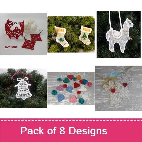 FSL Festive Lace Ornaments Embroidery Designs Bundle – Llama, Star, Christmas Stocking & More (8 Designs)