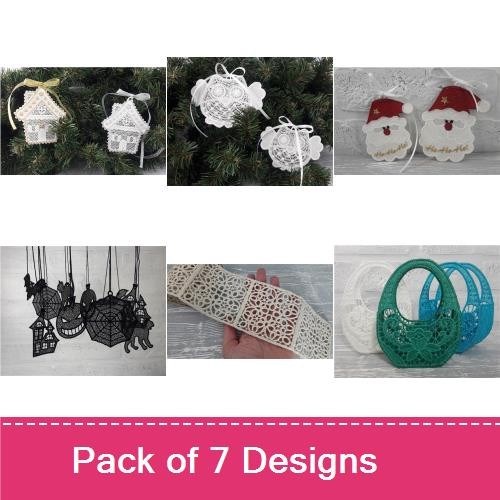 FSL Festive Lace Ornaments Embroidery Designs Bundle – Santa, Lace House, Snowflake & More (7 Designs)