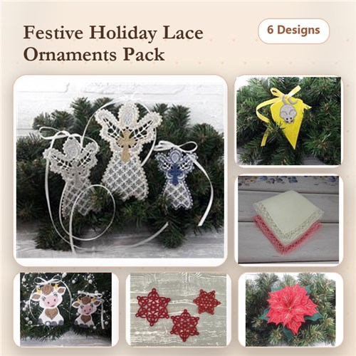 FSL Festive Holiday Lace Ornaments Embroidery Designs Bundle – Angel, Reindeer, Star & More (6 Designs)
