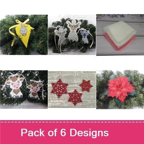 FSL Festive Holiday Lace Ornaments Embroidery Designs Bundle – Angel, Reindeer, Star & More (6 Designs)