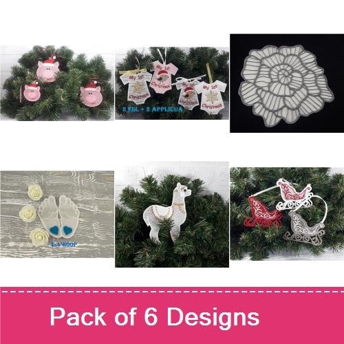 FSL Holiday Baby Embroidery Designs Bundle – Pig Ornament, Baby Onesie, Bootie & More (6 Designs)