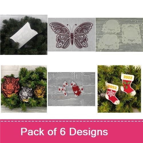 FSL Holiday & Nature Embroidery Designs Bundle – Tiger Decoration, Butterfly Ornament, Holiday Stocking & More (6 Designs)