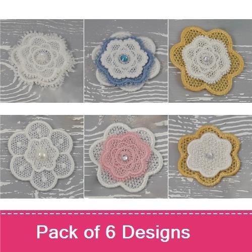 FSL Delicate Lace Flowers Embroidery Designs Bundle – Blue Center, Pink Center, Yellow Accent & More (6 Designs)
