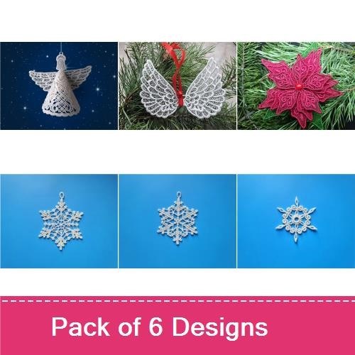 FSL Elegant Christmas Ornaments Embroidery Designs Bundle – Angel, Poinsettia, Snowflakes & More (6 Designs)