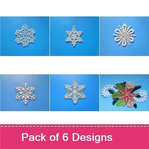 FSL Snowflakes and Holiday Floral Embroidery Designs Bundle – Elegant Floral with Snowflakes, Snowflake Ornament 1 & More (6 Designs)
